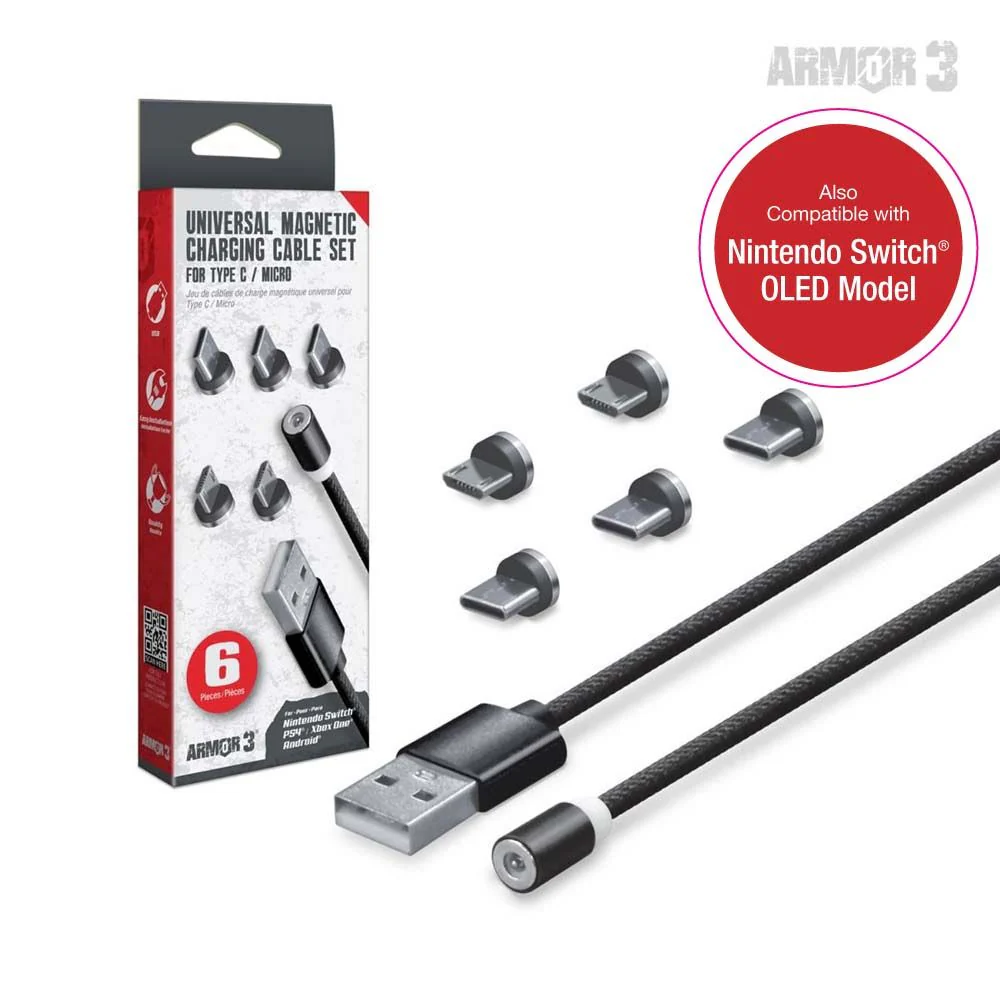 Universal Magnetic Charging Cable Set 6 Pcs (Armor 3) (black) - Android / Xbox One® / Nintendo Switch® / Nintendo Switch® Lite / PS4® / PS Vita Family / PS Vita 2000