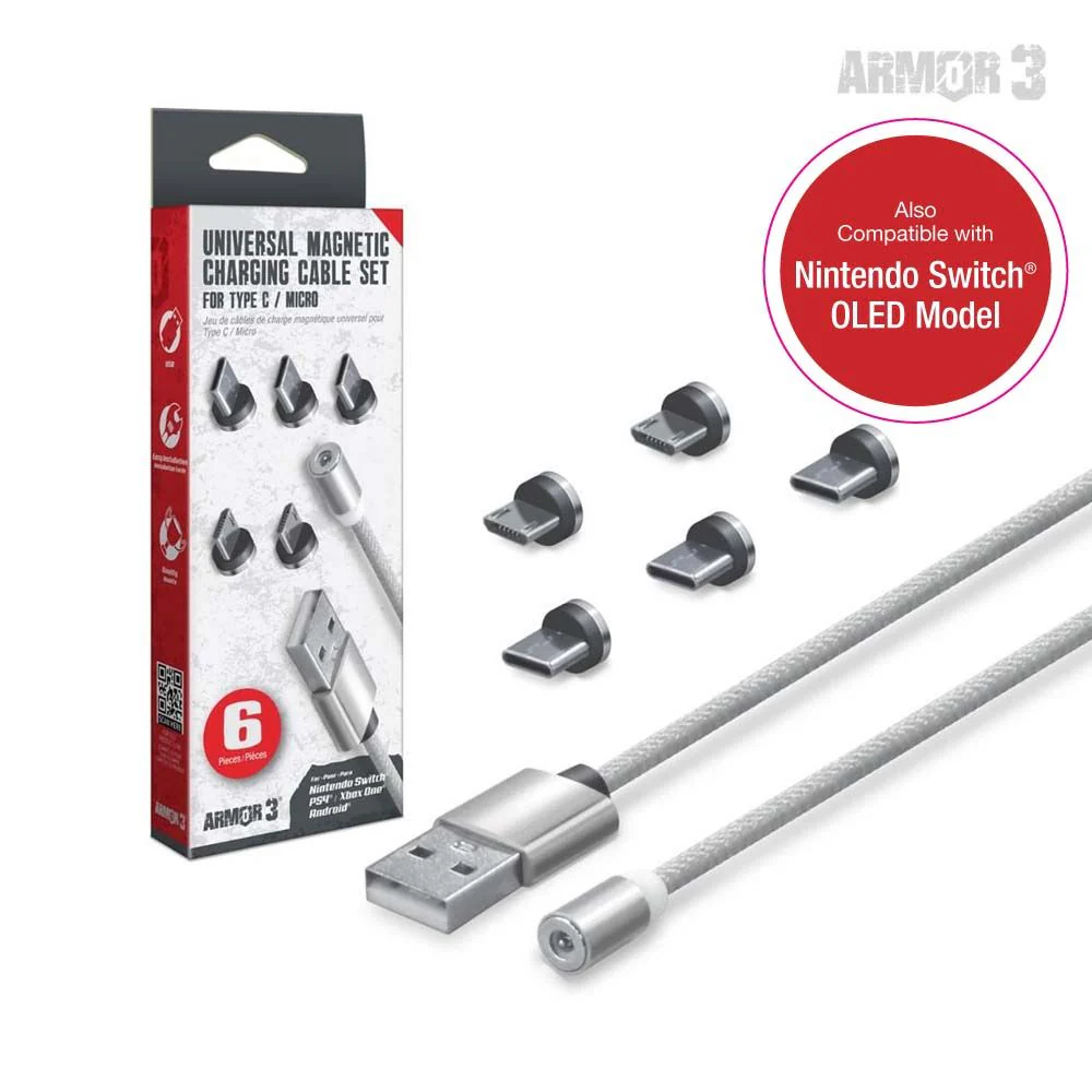 Universal Magnetic Charging Cable Set 6 Pcs (Armor 3) (silver) - Android / Xbox One® / Nintendo Switch® / Nintendo Switch® Lite / PS4® / PS Vita Family / PS Vita 2000